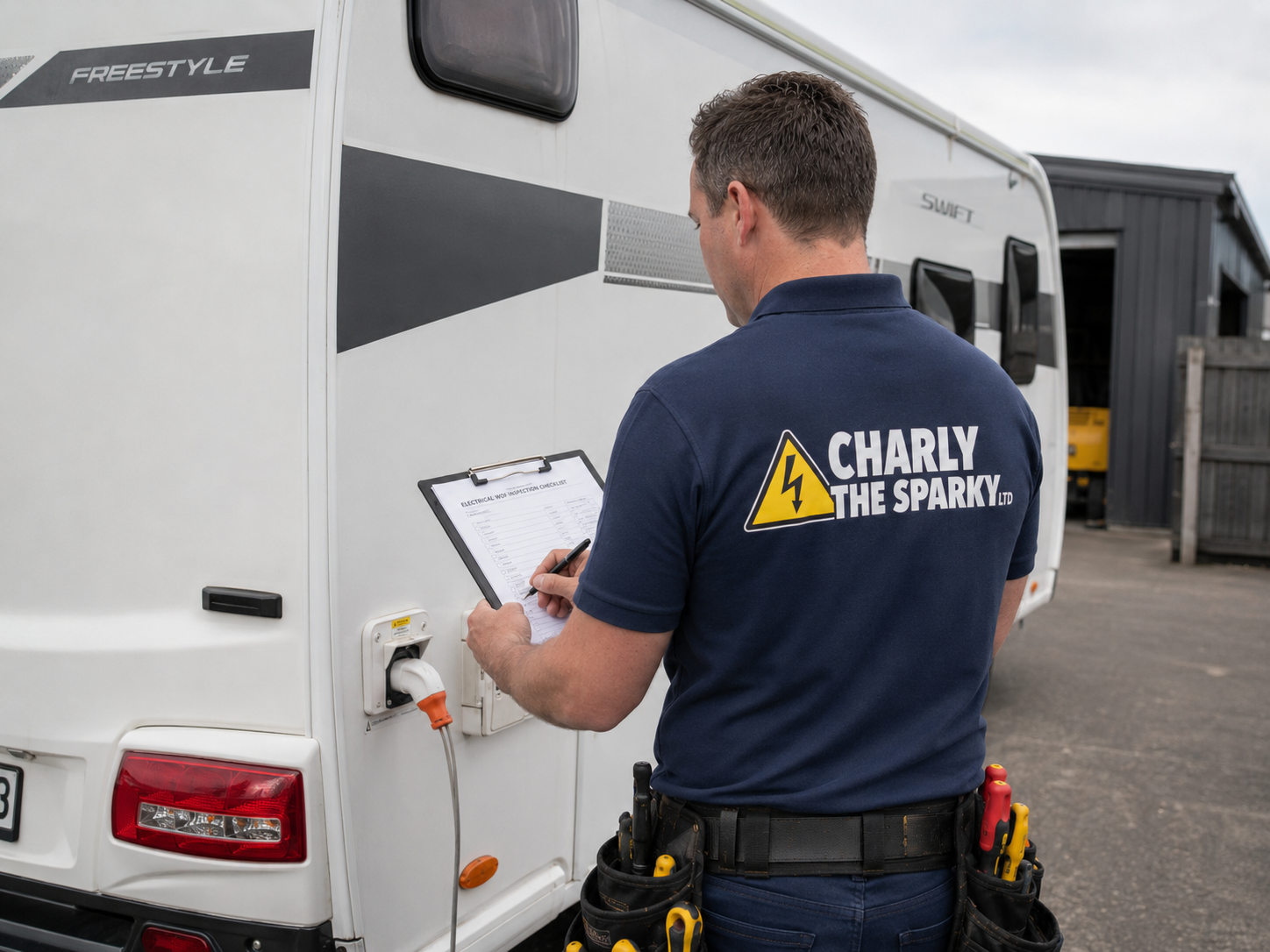 Charly The Sparky carrying out a caravan electrical inspection