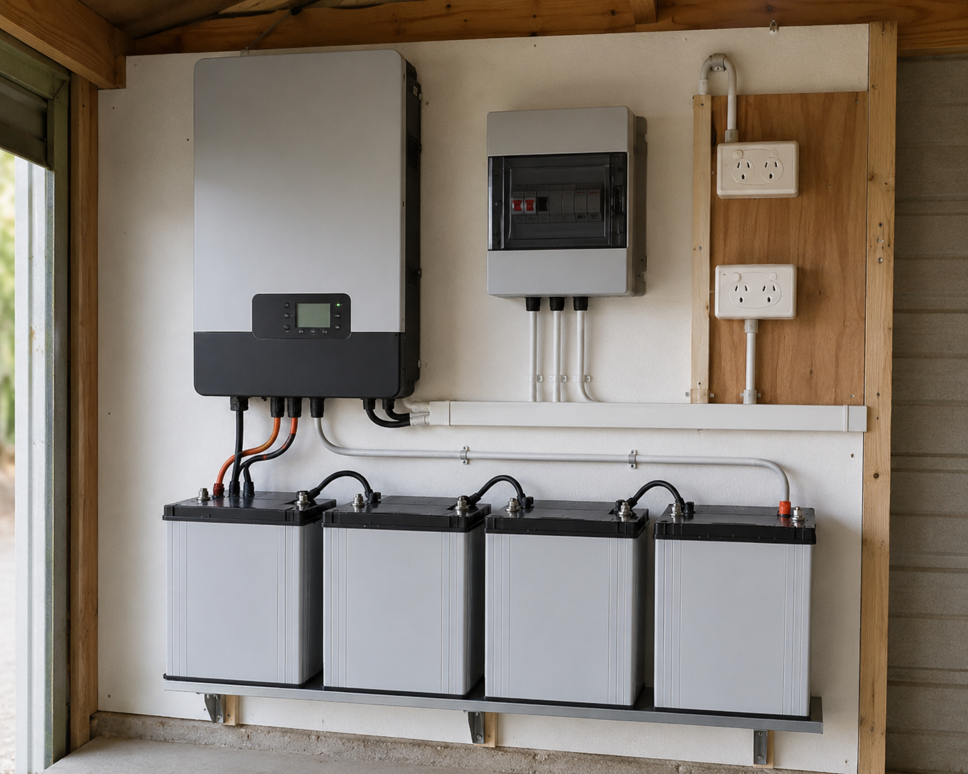 Off-grid battery bank and inverter installed in a shed by Charly The Sparky