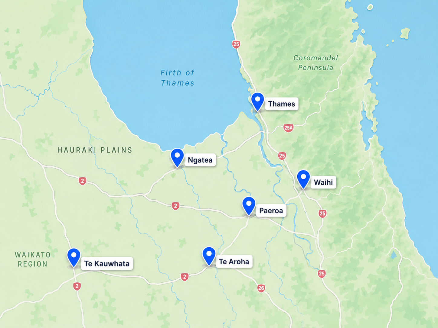 Map of Charly The Sparky electrician service areas across the Ngatea region, Thames Coast and North Waikato