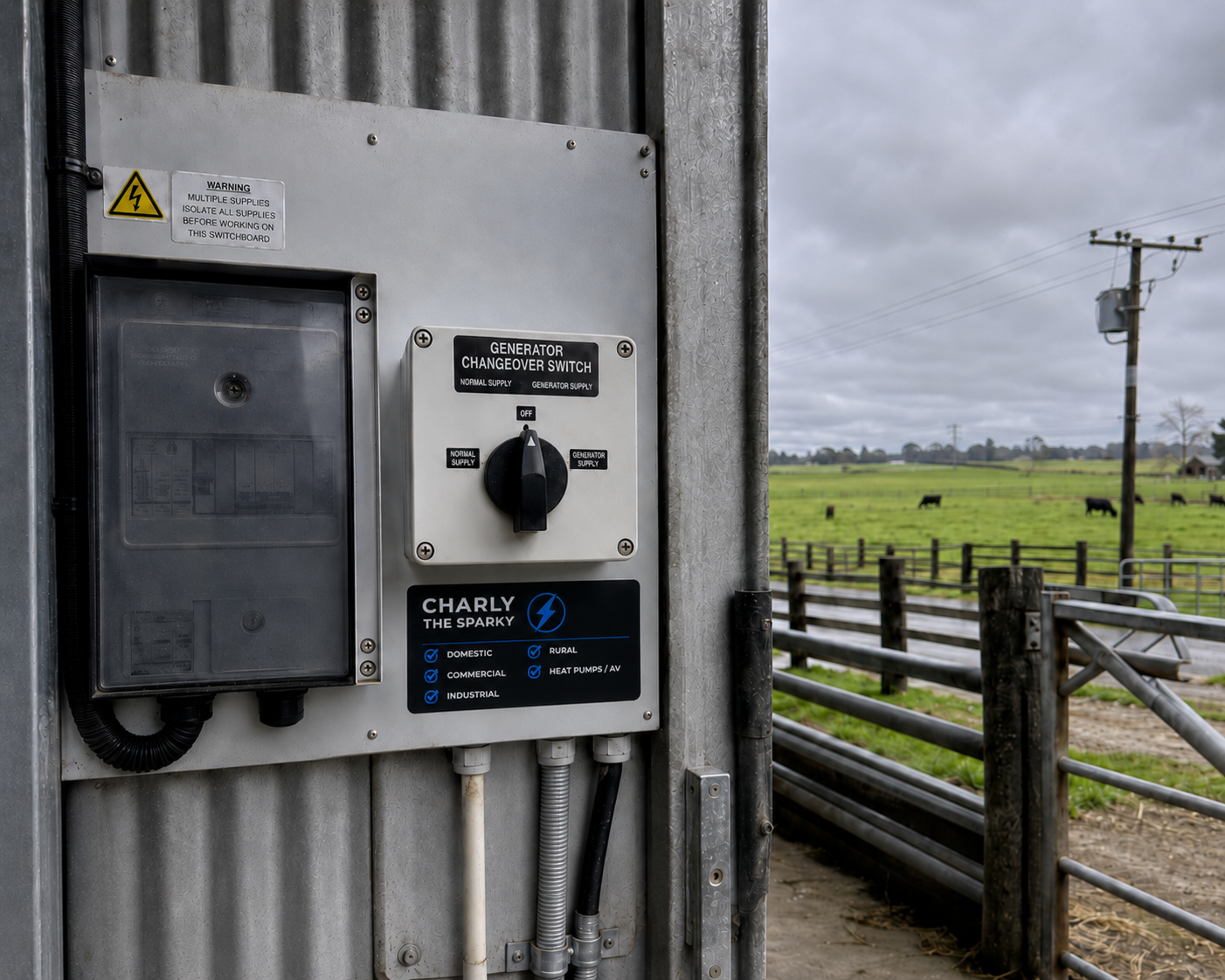 Generator changeover switch installed on a farm switchboard near Ngatea